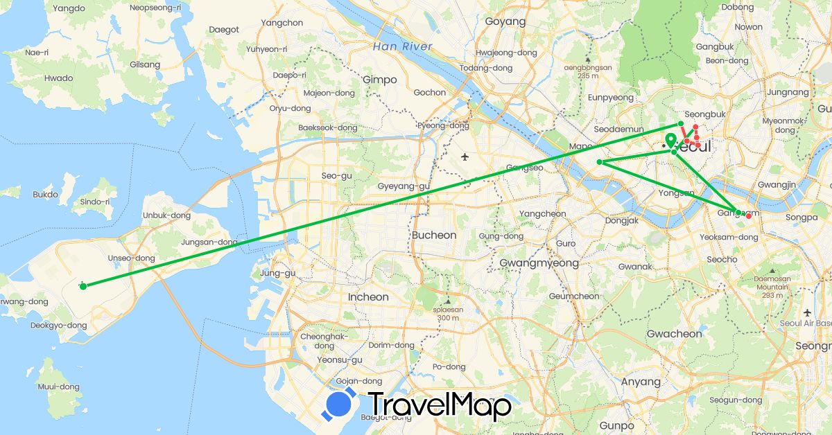 TravelMap itinerary: driving, bus, hiking in South Korea (Asia)